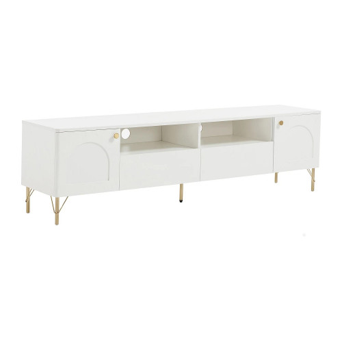 Mueble de TV con 2 puertas, 2 cajones y 2 huecos - Blanco y dorado - ALOBARA