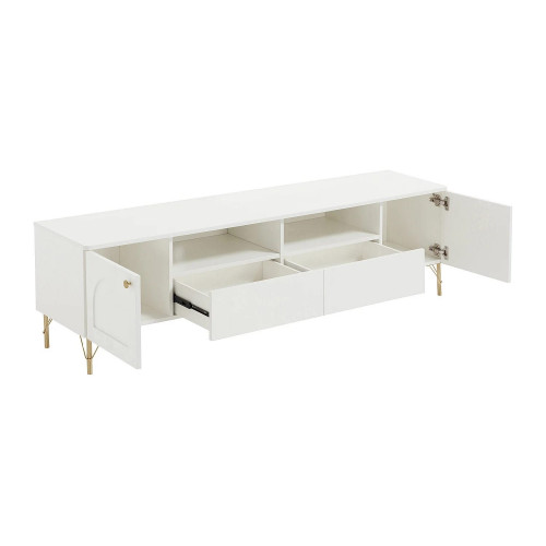 Mueble de TV con 2 puertas, 2 cajones y 2 huecos - Blanco y dorado - ALOBARA