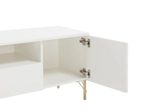 Mueble de TV con 2 puertas, 2 cajones y 2 huecos - Blanco y dorado - ALOBARA