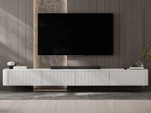 Mueble de TV suspendido de 4 puertas, frentes con relieve, blanco mate, 280 cm - AURORA