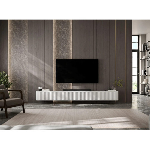 Mueble de TV suspendido de 4 puertas, frentes con relieve, blanco mate, 280 cm - AURORA