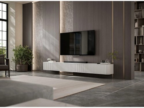 Mueble de TV suspendido de 4 puertas, frentes con relieve, blanco mate, 280 cm - AURORA
