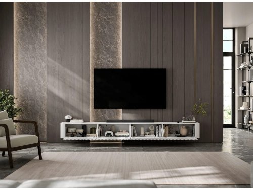 Mueble de TV suspendido de 4 puertas, frentes con relieve, blanco mate, 280 cm - AURORA