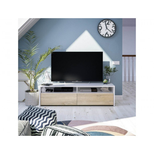 Mueble para TV 130x40x36 cm blanco mate y roble canadiense con 2 puertas – Verona