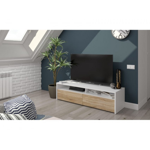 Mueble para TV 130x40x36 cm blanco mate y roble canadiense con 2 puertas – Verona