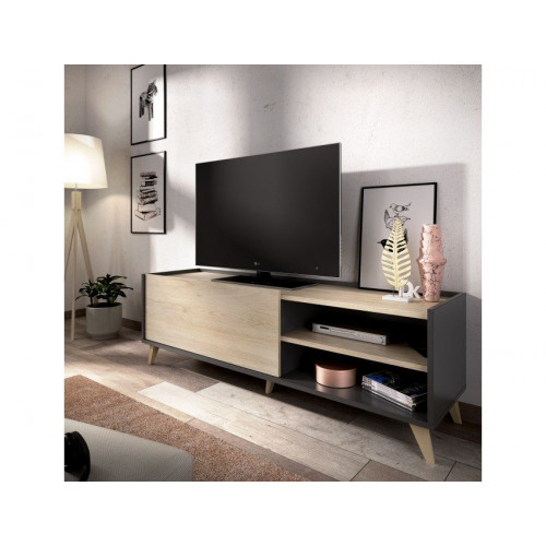 Mueble TV 155x43x47 cm grafito y roble natural con solapa y dos compartimentos - Ronda