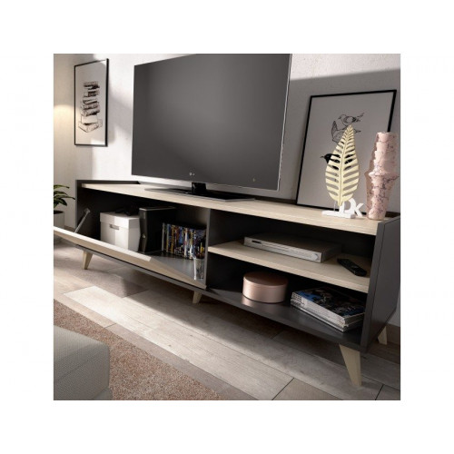 Mueble TV 155x43x47 cm grafito y roble natural con solapa y dos compartimentos - Ronda