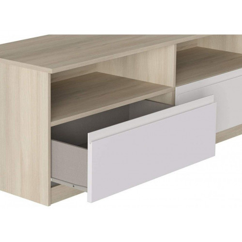 Mueble TV 160x44,5x53,5 cm blanco brillo y roble con dos cajones y dos compartimentos - Cosenza