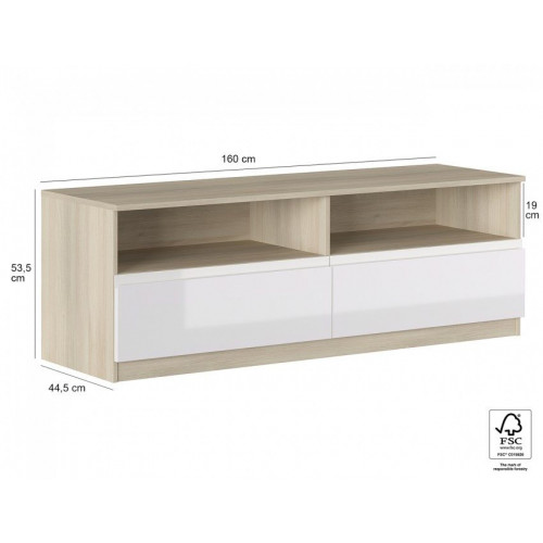 Mueble TV 160x44,5x53,5 cm blanco brillo y roble con dos cajones y dos compartimentos - Cosenza