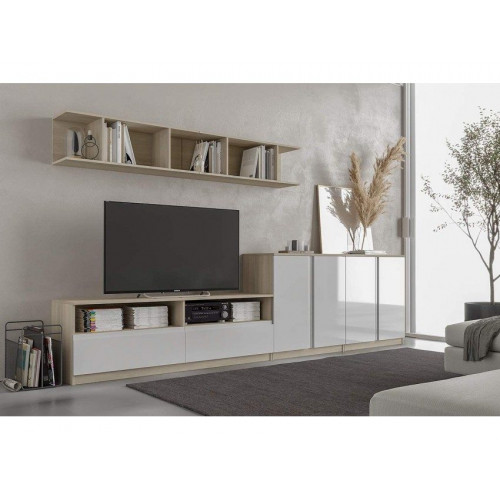 Mueble TV 160x44,5x53,5 cm blanco brillo y roble con dos cajones y dos compartimentos - Cosenza