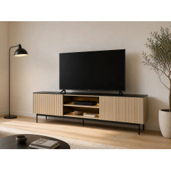 Mueble TV 2 puertas y 2 estantes con LEDs en MDF y vidrio ahumado - Natural claro y Negro - SAYERA
