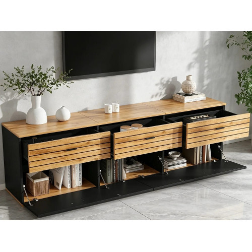 Mueble TV bajo 168 cm con 3 cajones, 2 puertas abatibles y 3 compartimentos