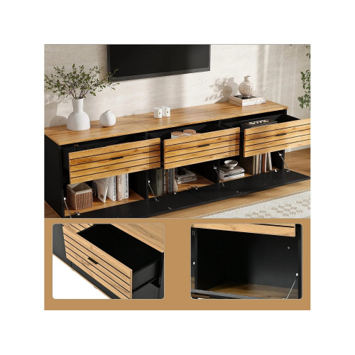 Mueble TV bajo 168 cm con 3 cajones, 2 puertas abatibles y 3 compartimentos