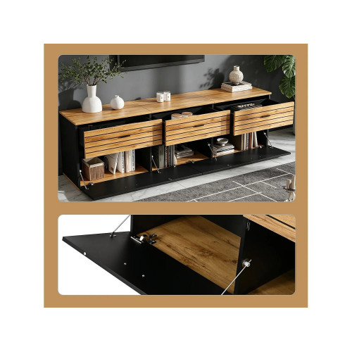 Mueble TV bajo 168 cm con 3 cajones, 2 puertas abatibles y 3 compartimentos