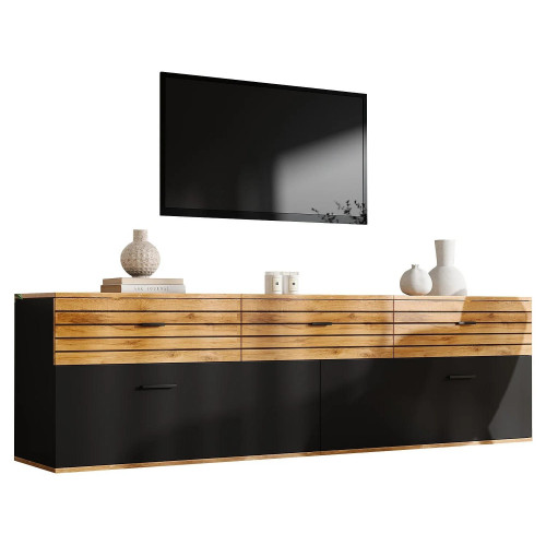 Mueble TV bajo 168 cm con 3 cajones, 2 puertas abatibles y 3 compartimentos