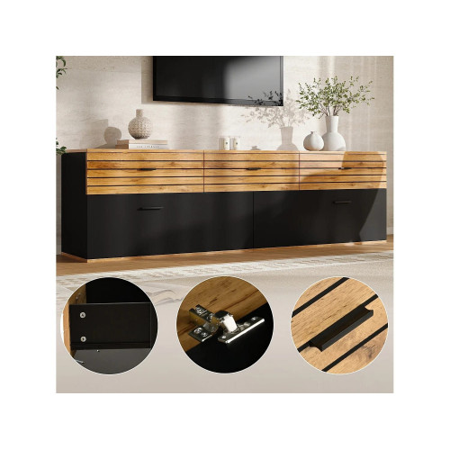 Mueble TV bajo 168 cm con 3 cajones, 2 puertas abatibles y 3 compartimentos
