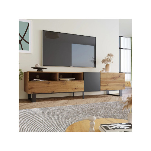Mueble TV bajo estilo retro industrial, 180 cm, mueble TV con 2 puertas y 2 cajones, color negro y madera