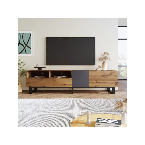 Mueble TV bajo estilo retro industrial, 180 cm, mueble TV con 2 puertas y 2 cajones, color negro y madera