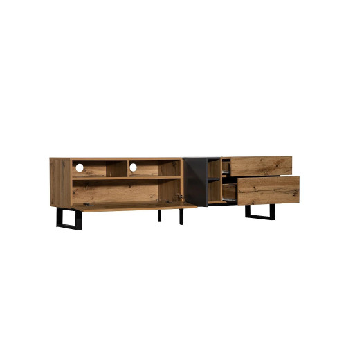 Mueble TV bajo estilo retro industrial, 180 cm, mueble TV con 2 puertas y 2 cajones, color negro y madera