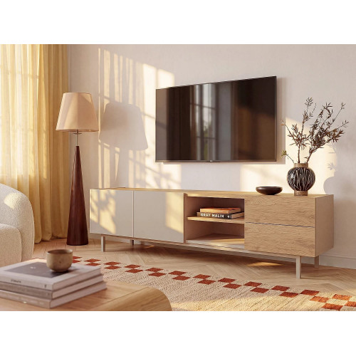Mueble TV con 2 puertas, 2 cajones y 2 compartimentos - Beige y color natural claro - REYALA