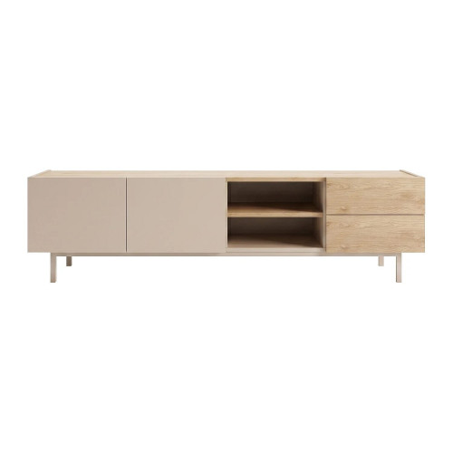 Mueble TV con 2 puertas, 2 cajones y 2 compartimentos - Beige y color natural claro - REYALA