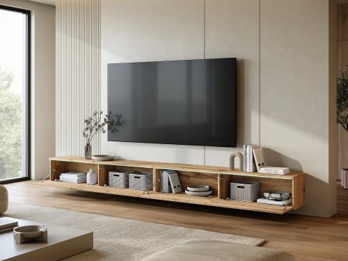 Mueble TV moderno 300 cm para salón con iluminación LED roble Wotan