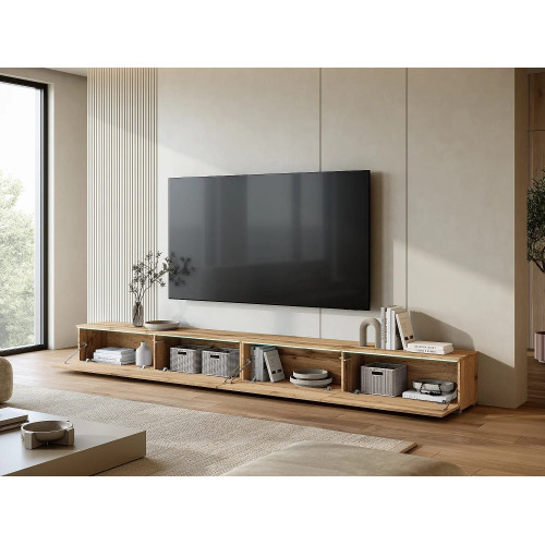 Mueble TV moderno 300 cm para salón con iluminación LED roble Wotan