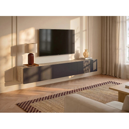 Mueble TV suspendido con 3 puertas - Antracita y Natural claro - VIKILA
