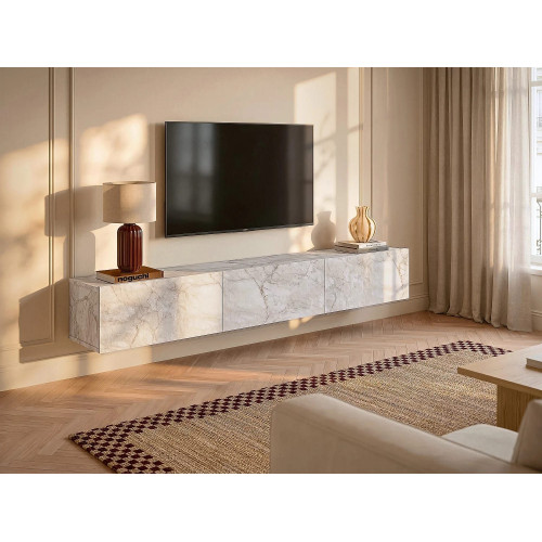 Mueble TV suspendido con 3 puertas - Efecto mármol blanco - VIKILA