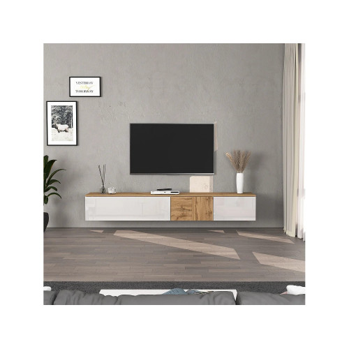 Mueble TV suspendido Iseo con 2 puertas y 1 puerta abatible blanco brillo y roble 200x35x30 cm