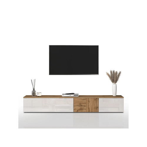 Mueble TV suspendido Iseo con 2 puertas y 1 puerta abatible blanco brillo y roble 200x35x30 cm