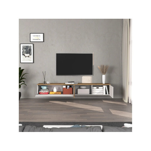 Mueble TV suspendido Iseo con 2 puertas y 1 puerta abatible blanco brillo y roble 200x35x30 cm