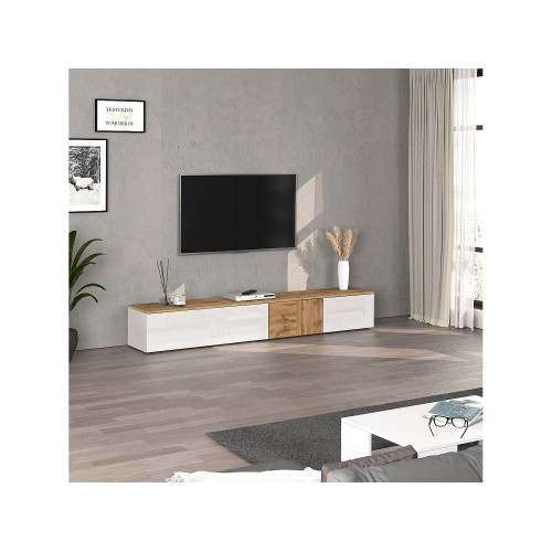 Mueble TV suspendido Iseo con 2 puertas y 1 puerta abatible blanco brillo y roble 200x35x30 cm