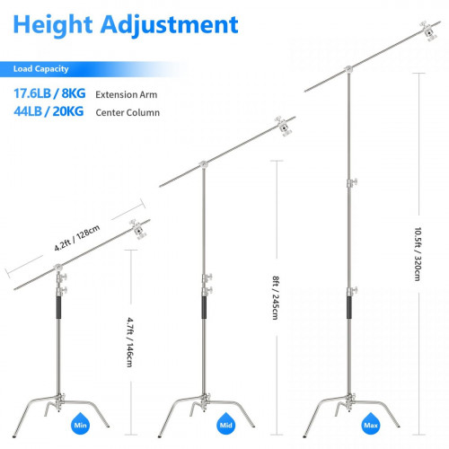NEEWER SC320 320cm Stainless Steel C Stand with Boom Arm