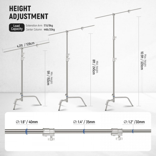 NEEWER SC320Q 10.5ft/320cm Stainless Steel Heavy Duty C Stand with Boom Arm