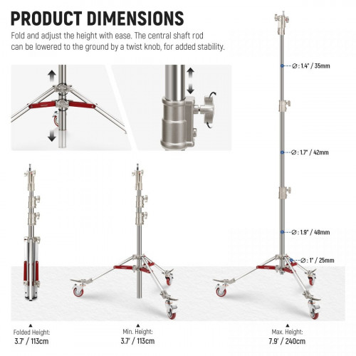 NEEWER ST240SS 240cm Heavy Duty Stainless Steel Light Stand with Casters