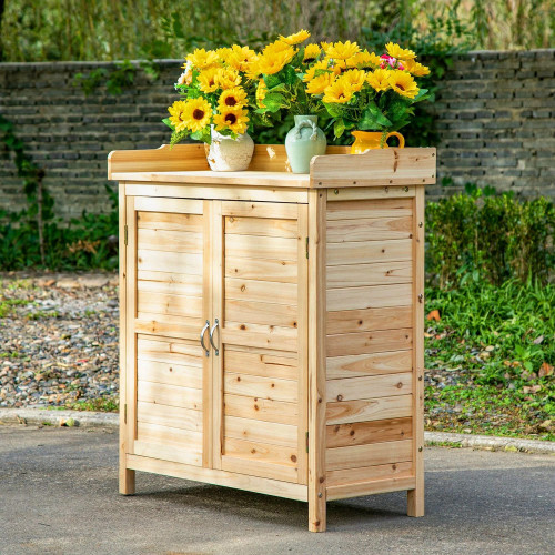 Outsunny Armario De Jardín De Madera Con 2 Puertas Estante 83x40x92 Cm Natural