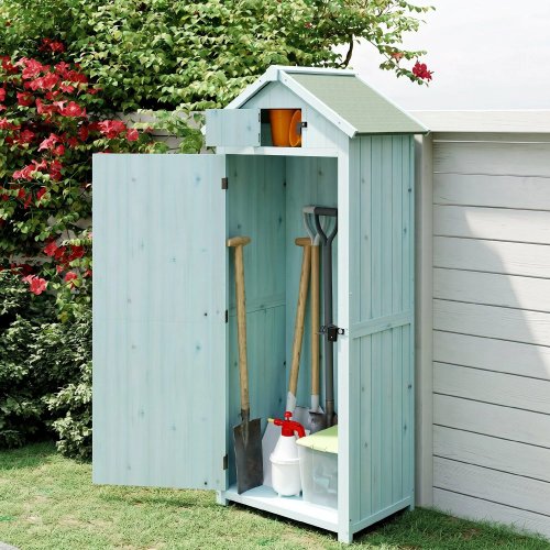 Outsunny Armario De Jardín De Madera Con Estantes 77x54,2x179 Cm Azul Y Verde
