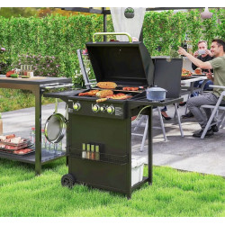 Outsunny Barbacoa de Gas con 3+1 Quemadores 8,5 kW Termómetro Mesa Lateral Negro