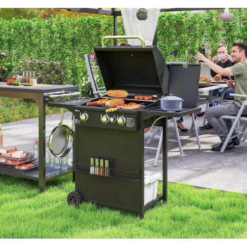 Outsunny Barbacoa de Gas con 3+1 Quemadores 8,5 kW Termómetro Mesa Lateral Negro
