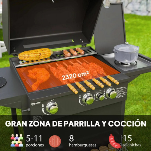 Outsunny Barbacoa de Gas con 3+1 Quemadores 8,5 kW Termómetro Mesa Lateral Negro