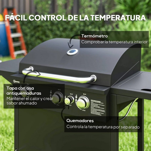 Outsunny Barbacoa de Gas con 3+1 Quemadores 8,5 kW Termómetro Mesa Lateral Negro