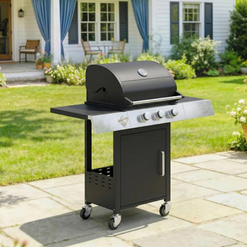 Outsunny Barbacoa de Gas con 3 Quemadores 8,1 Kw Termómetro Mesas Laterales