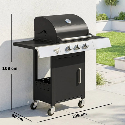 Outsunny Barbacoa de Gas con 3 Quemadores 8,1 Kw Termómetro Mesas Laterales