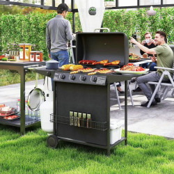 Outsunny Barbacoa de Gas con 4+1 Quemadores 12 kW Termómetro Mesa Lateral Negro