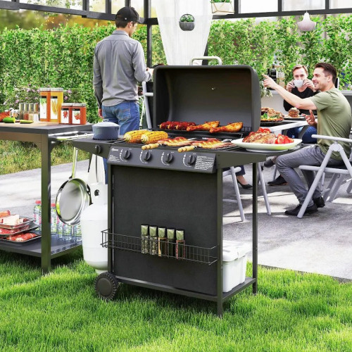 Outsunny Barbacoa de Gas con 4+1 Quemadores 12 kW Termómetro Mesa Lateral Negro