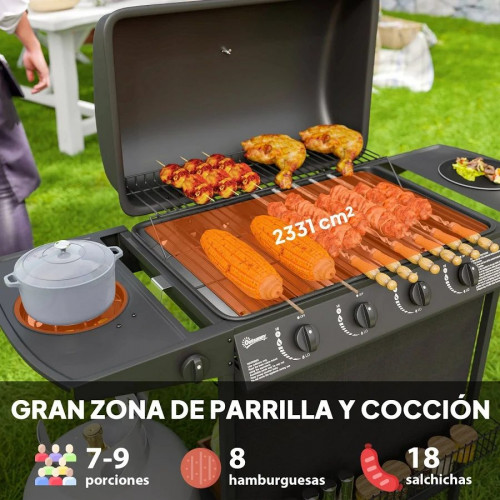 Outsunny Barbacoa de Gas con 4+1 Quemadores 12 kW Termómetro Mesa Lateral Negro