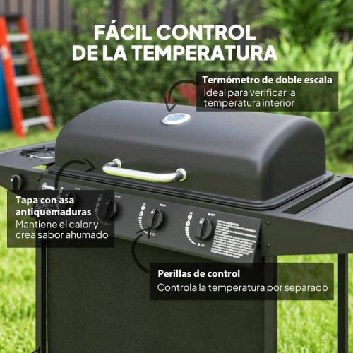 Outsunny Barbacoa de Gas con 4+1 Quemadores 12 kW Termómetro Mesa Lateral Negro