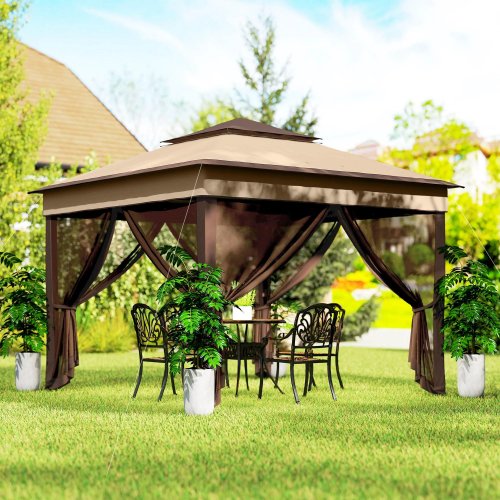 Outsunny Carpa Plegable 3,26x3,26x2,72 M Con Doble Techo Altura Ajustable Beige