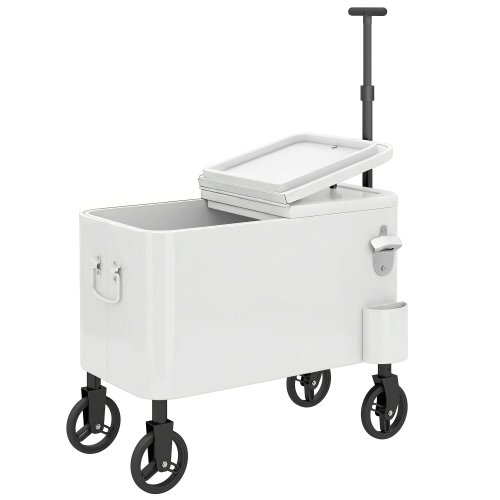 Outsunny Carrito Nevera De 56l Con Ruedas Mango Ajustable Abrebotellas Blanco